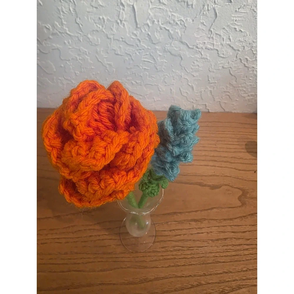 Handmade Crochet Flower Bouquet Orange Rose Blue Lavender Cottagecore Decor 2pc